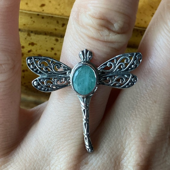 Natural Emerald Sterling Silver Dragonfly Ring - Picture 1 of 8